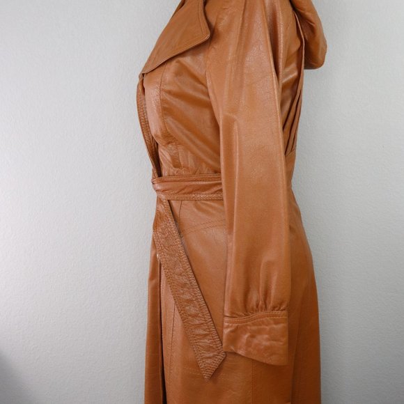 Vintage Boho 70's Leather Trench Coat with Hood Size S - Picture 8 of 14